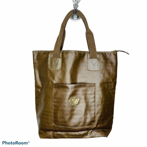 Valentino Vintage Large Coated Canvas Brown Bag Shoulder Purse V Logo Print‎ - Picture 1 of 12